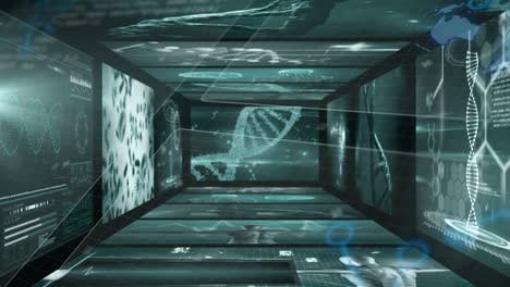 animation of futuristic digital tunnel with dna strands in scientific school setting