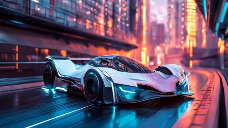 Futuristic Racing Car in a Cyberpunk Cityscape