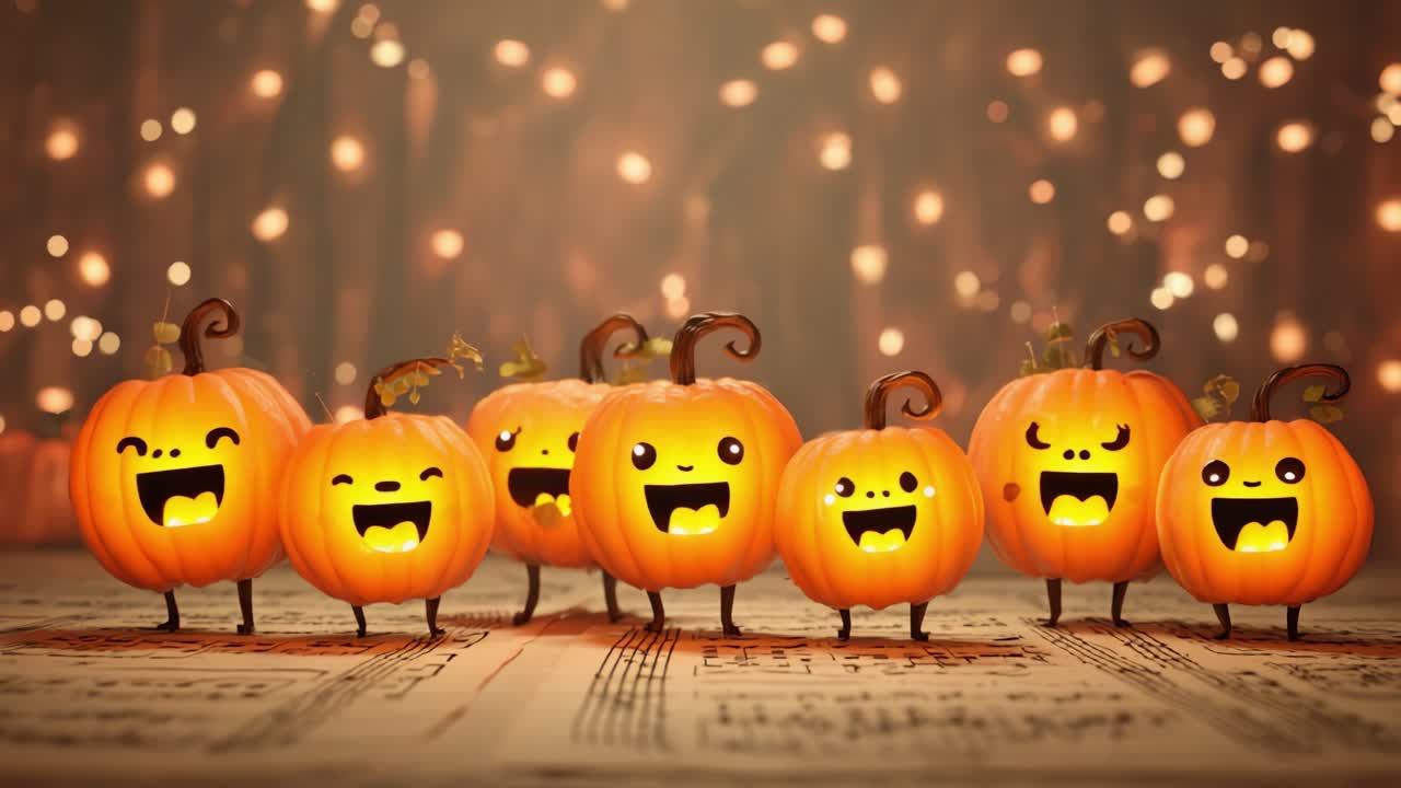 Cheerful Pumpkins Gather for a Joyful Celebration with Bright Smiles and Cute Expressions Against a Softly Lit Background of Twinkling Lights