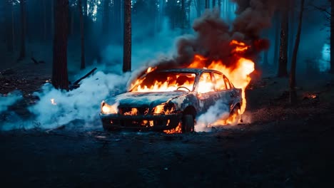 a burnt out car in the middle of a forest on fire