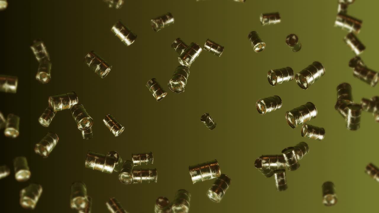 volando muchos tambores de combustible viejos en fondo marrón. industria química, barriles de metal. animación 3d del tanque de petróleo girando. animación de bucle.