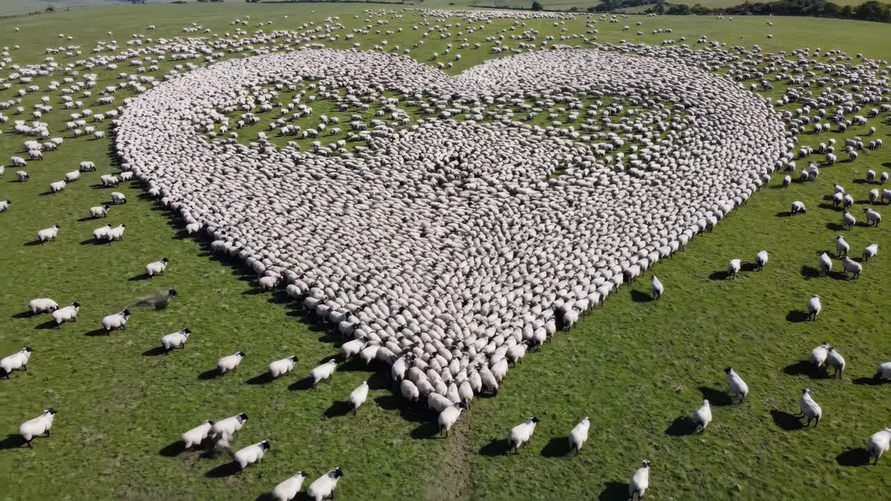 Vista aerea di un grande gregge di pecore che forma un cuore in un campo verde