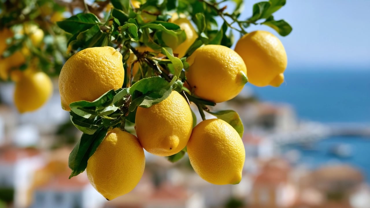 Vivace grappolo di limoni maturi appesi a un ramo d'albero con uno sfondo costiero panoramico sotto cieli azzurri e limpidi.