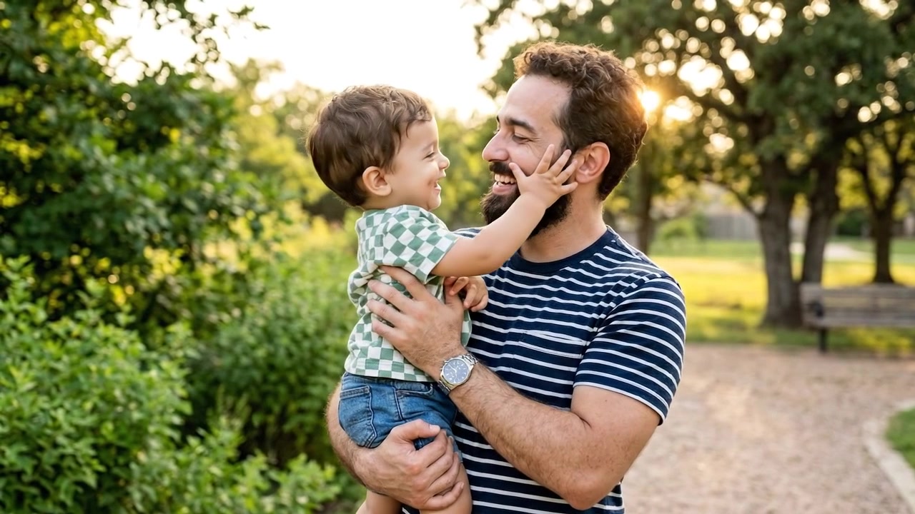 Padre che tiene in braccio e gioca con il suo giovane figlio in un parco