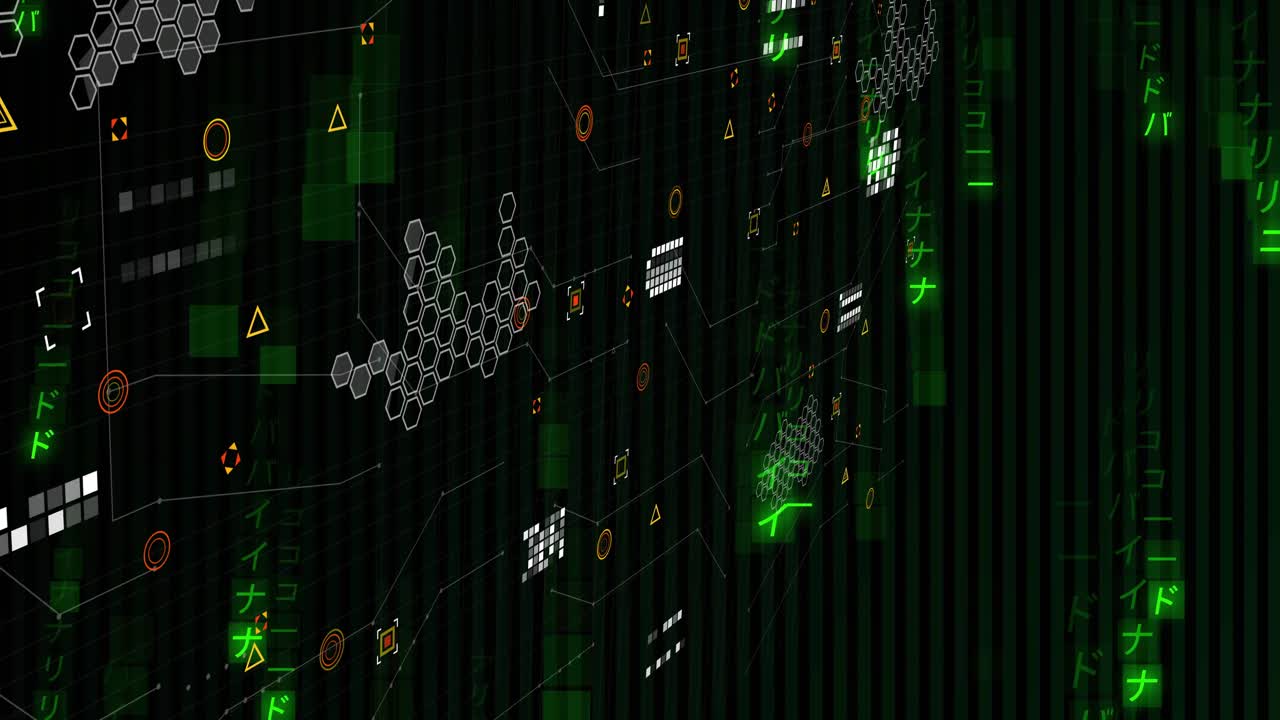 Green code streaming over circuit lines with markers creating hexagon clusters and connecting nodes