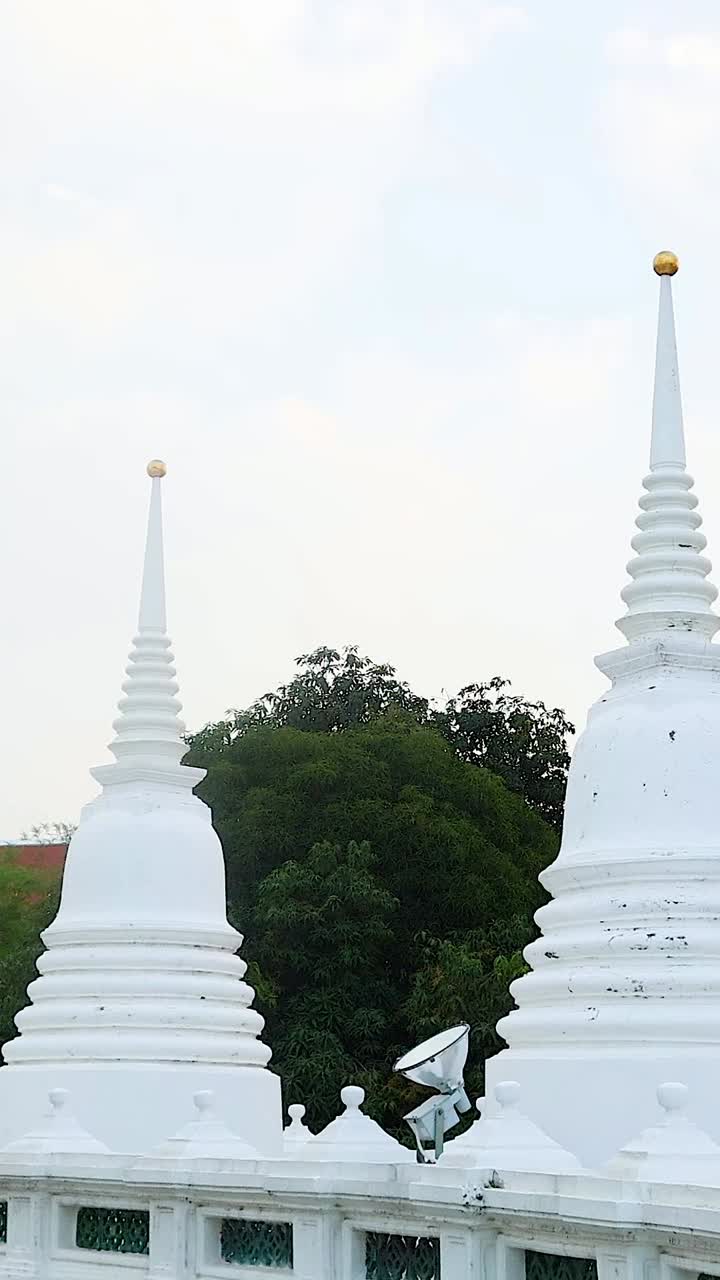 un video tranquilo que muestra la impresionante arquitectura de wat prayurawongsawat en bangkok, con pagodas blancas y exuberante vegetación
