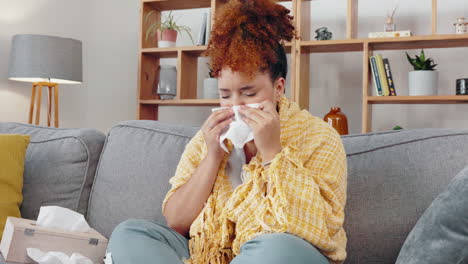 sick woman, tissue and blowing nose in home