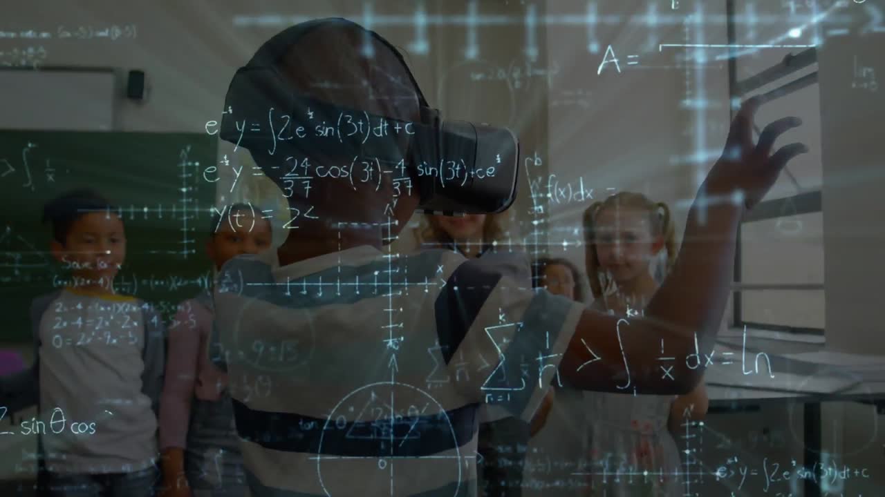 Animation of mathematical formulas over schoolboy using vr headset