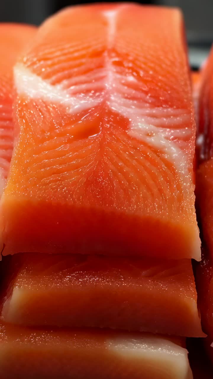 Video verticale: obiettivo panoramico che rivela filetti di salmone crudo su un vassoio di preparazione, che mostra la texture e l'umidità