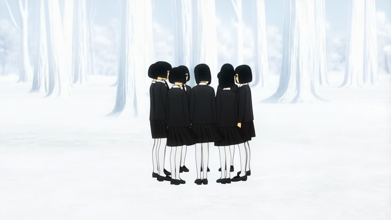 Group of Anime Girls in a Snowy Forest