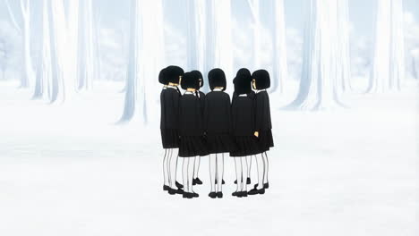 group of anime girls in a snowy forest