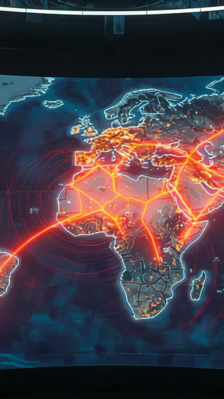 Vertical video: Display projecting red arc to West Africa in control room, extending network nodes