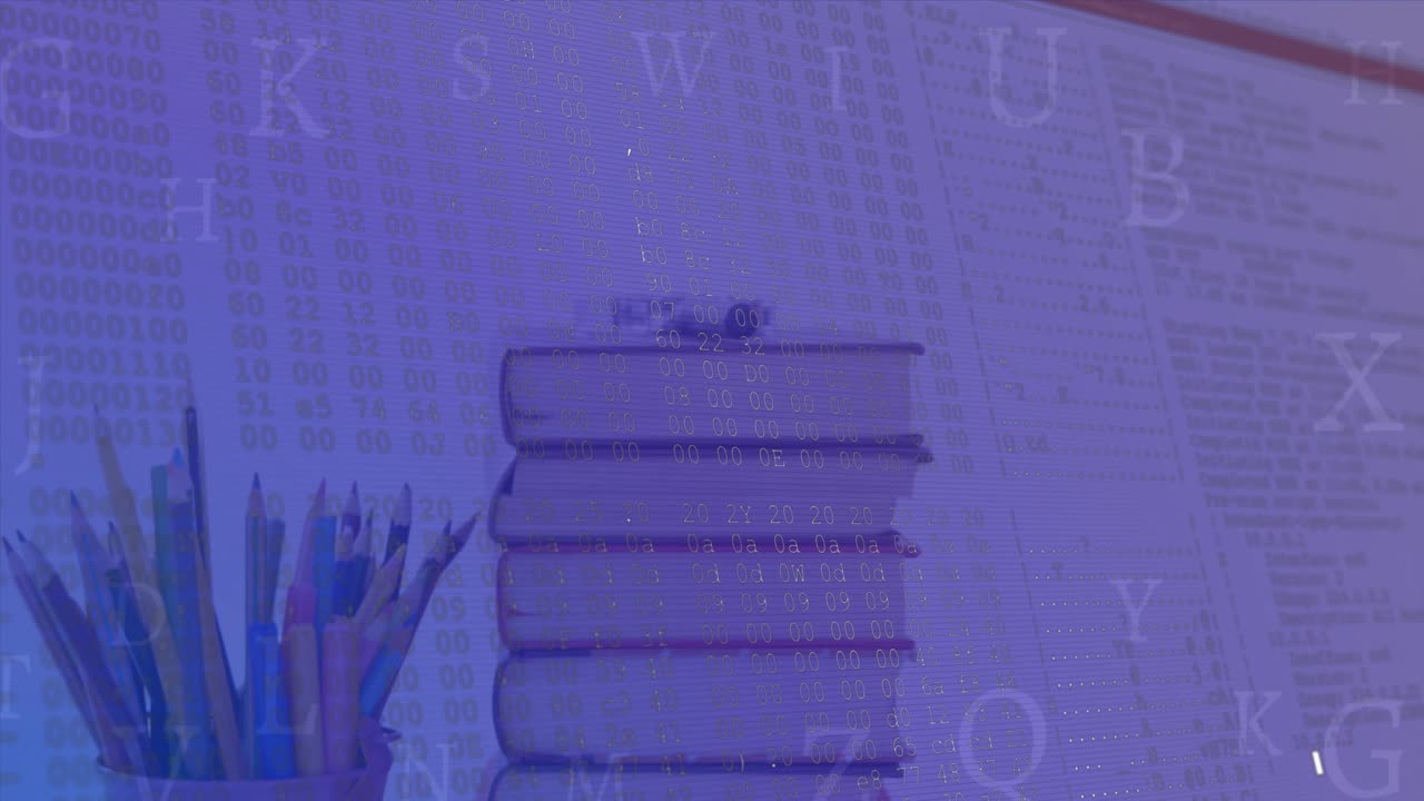 Kitap yığınının üzerinde finansal veri işleme animasyonu.