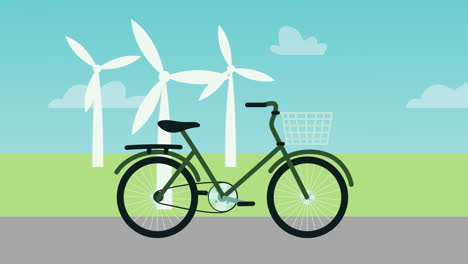 ecology animation with energy turbines and bicycle