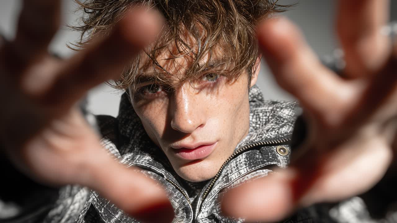 Fashion model reaching towards camera in slow motion