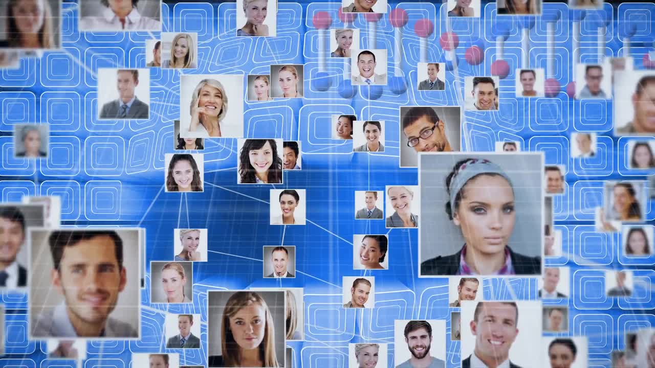 сеть иконок профиля и структуры днк, вращающаяся на квадратной форме на синем фоне