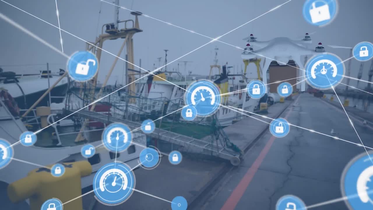 패키지를 운반하는 드론을 통해 아이콘으로 연결된 네트워크의 애니메이션