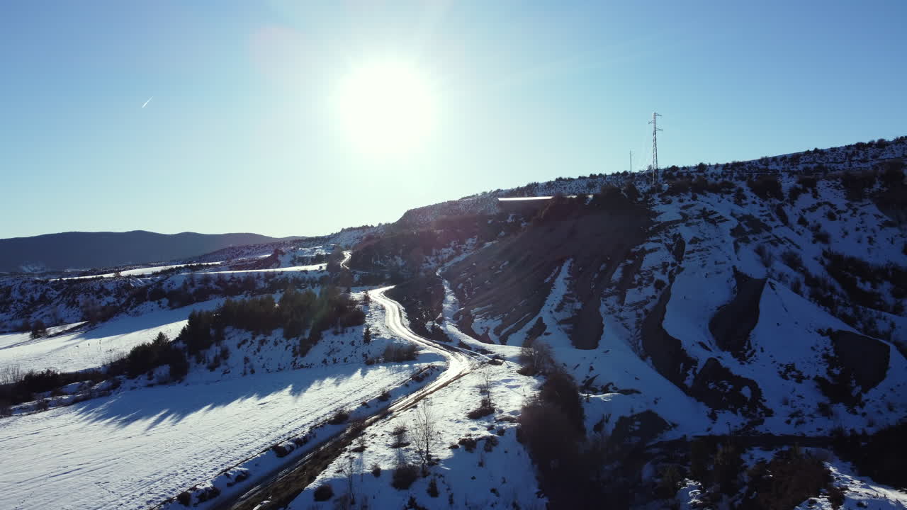 Snowy Mountain Road Aerial View