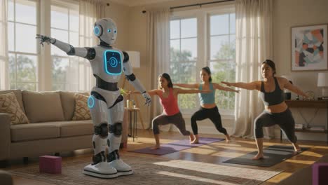 a robotic instructor leads a dynamic yoga class with participants practicing postures in a bright living room environment