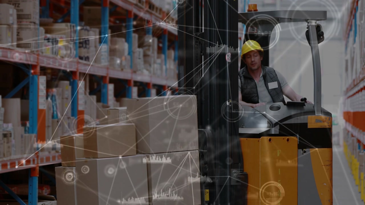 Forklift driver nearing warehouse rack, aligning forks and placing pallet while HUD overlay growing