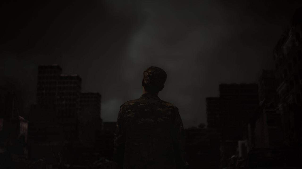 전쟁 후 폐허가 된 도시 한가운데에 서서 머리를 흔들고 있는 아시아 남성 군인의 뒷면