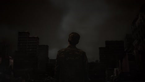 back view of asian male soldier shaking his head while standing in the midst of a ruined city after a war