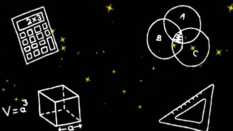 animación de iconos de ciencias y matemáticas sobre estrellas en fondo negro