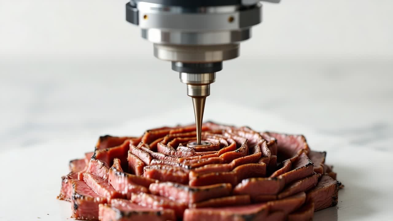 Precision robotic arm carefully crafting intricate wagyu beef flower, highlighting advanced culinary technology and gourmet artistry