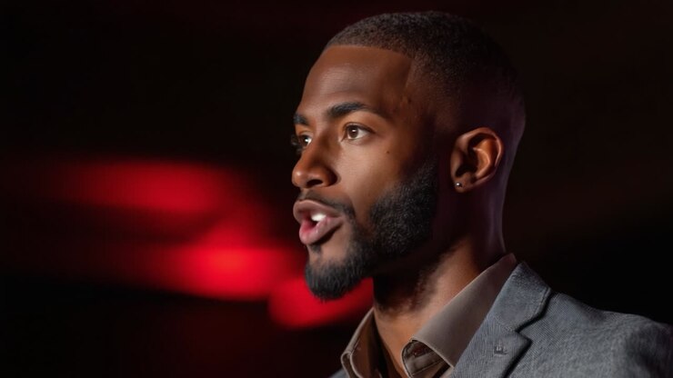 A poised individual stands in dynamic lighting, exuding confidence and charisma while delivering a speech or presentation in an engaging and captivating manner, highlighting the importance of communication skills