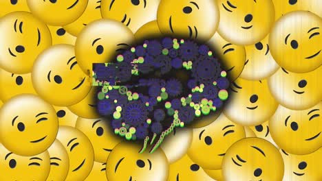 animación digital del efecto glitch sobre el icono del cerebro humano contra contra múltiples emoji de cara parpadeante