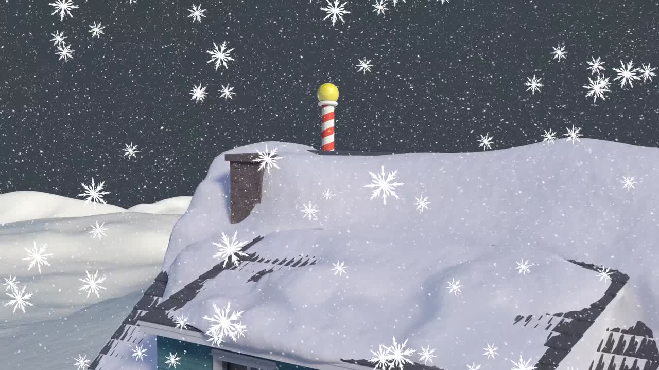 animación de nieve cayendo sobre el techo de la casa en el paisaje de invierno