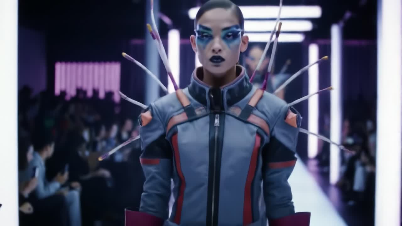Futuristic Fashion Show Featuring a Model with Vibrant Makeup and Bold Outfits Strutting Down a Modern Runway Surrounded by an Engaged Audience