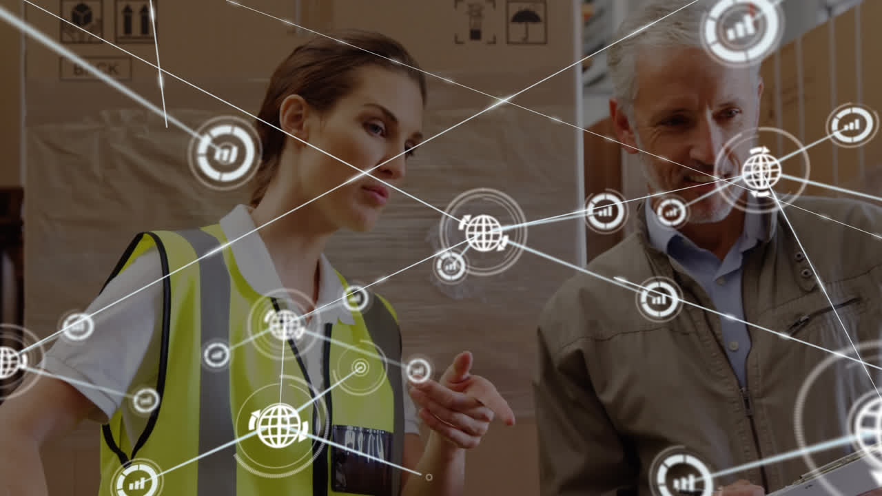 animación de la red de conexiones con iconos sobre diversas personas de negocios que trabajan en el almacén