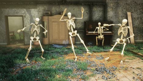 animación sin fisuras de esqueletos espeluznantes bailando un baile divertido en una vieja casa en ruinas. el concepto de un mundo post-apocalíptico o horror de halloween.