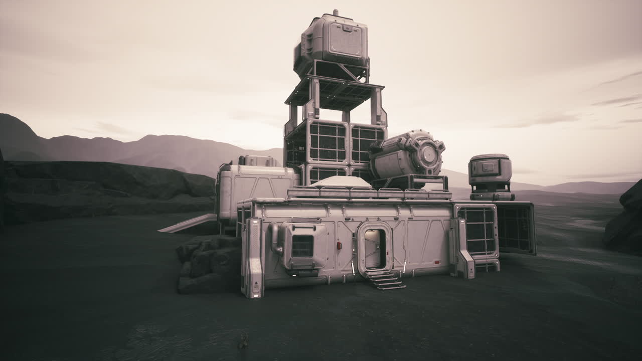 Kolonistenbasis auf einem fernen Planeten während der Dämmerung