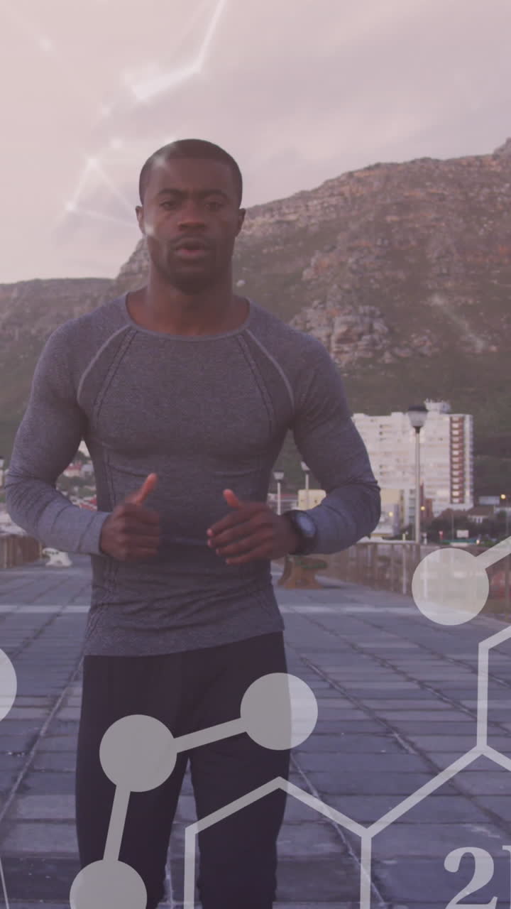 animación de formas y hebra de adn sobre un hombre afroamericano corriendo por el paseo marítimo