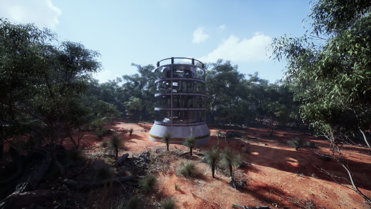torre futurista en un bosque