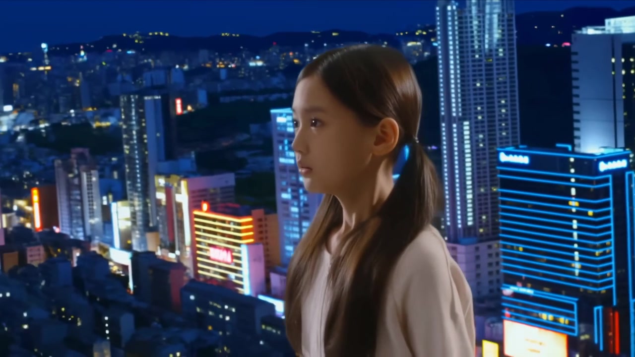 夜の屋上に立つ若い女性のミディアムクローズアップの横顔。左を向き、集中した視線と緊張した表情で、イルミネーションされたスカイライン、ネオンの反射、現代的な街の光に縁取られている