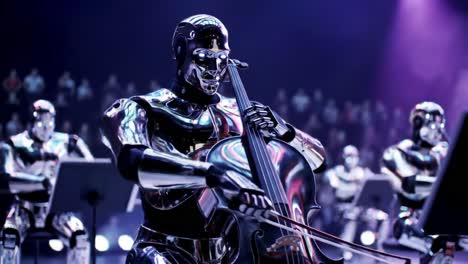 a stunning display of robotics in concert: an ensemble of elaborate android musicians captivating the audience with a masterful cellist performance