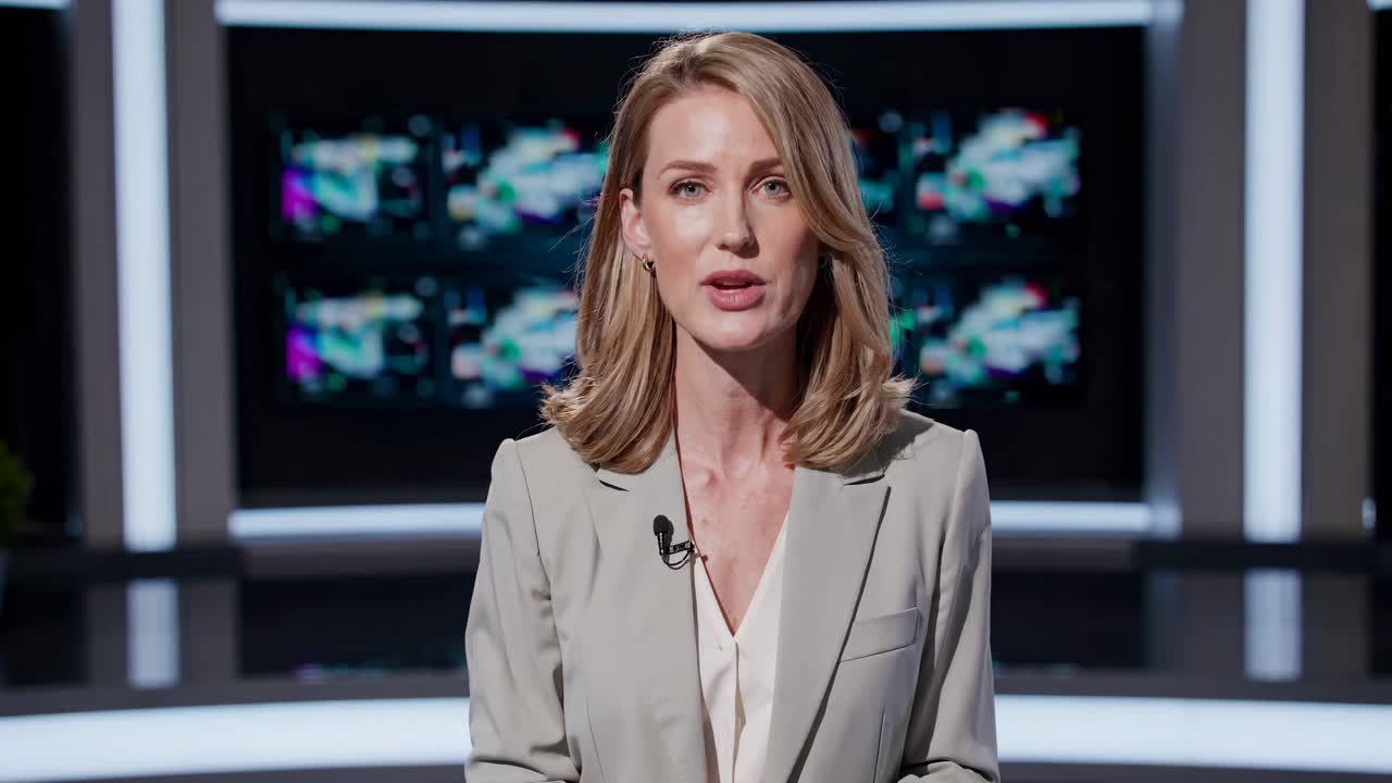 A professional video of a woman in a blazer speaking in a studio setting