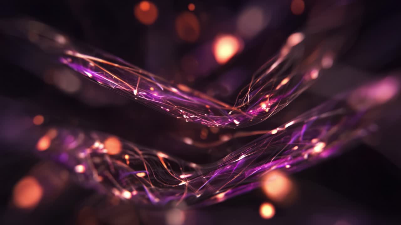 Futuristic purple and orange light trails moving through transparent fiber optic cables, representing high speed digital data transmission, internet connection, and modern network technology