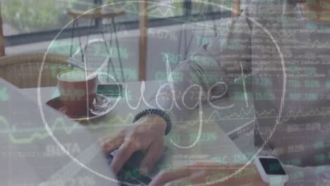 animation of financial data processing and budget text over caucasian man using laptop