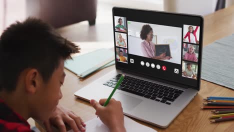 Asian-boy-doing-homework-and-having-a-video-conference-with-teacher-and-classmates-on-laptop-at-home