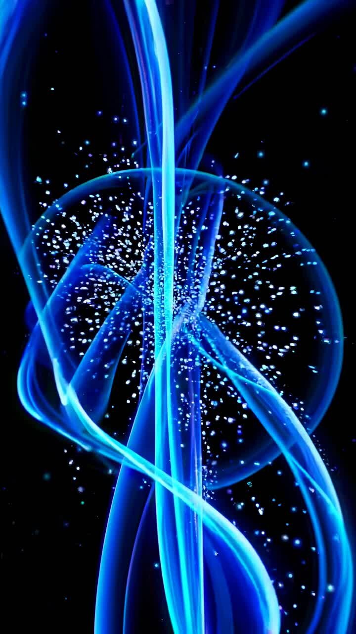 Dynamic video concept with swirling blue light trails on a black background