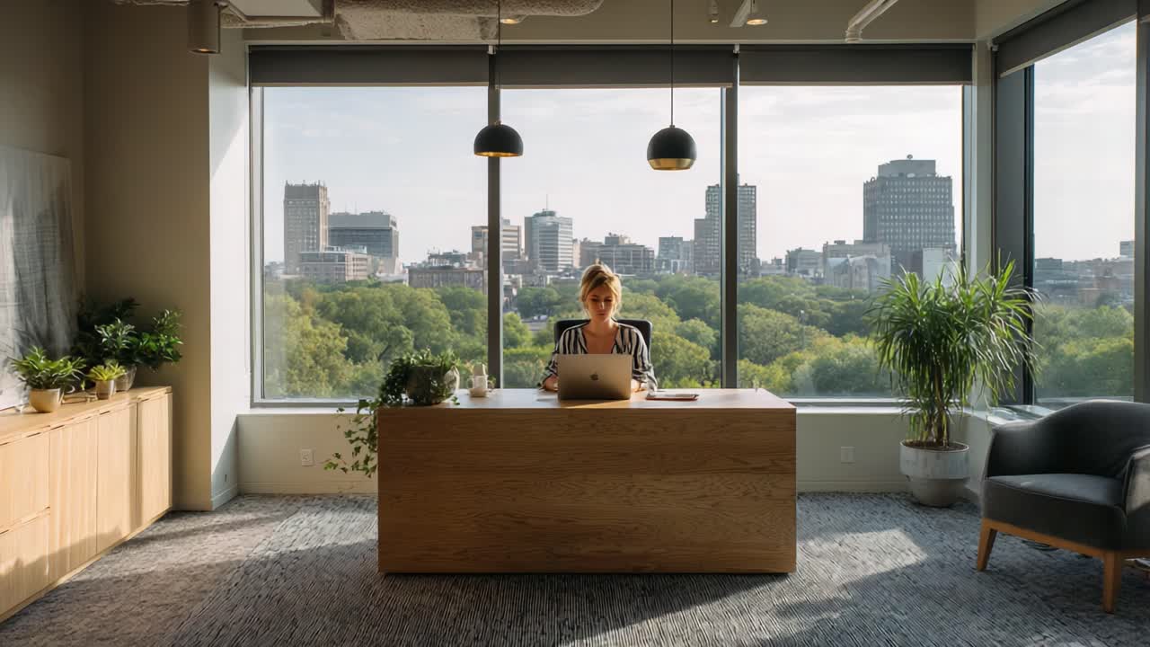 Professional Woman Working at a Desk with Laptop in Bright Office Overlooking City Skyline and Greenery, Capturing a Modern Workspace Atmosphere