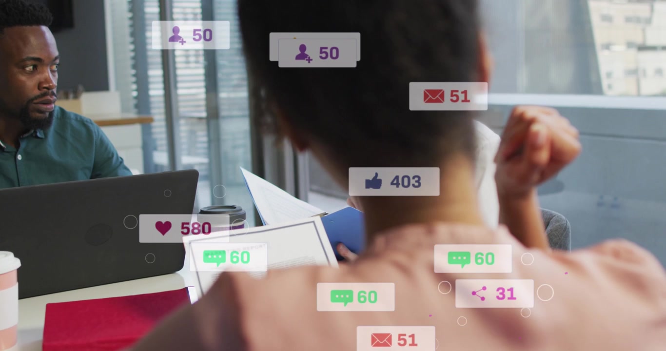 Animation of notification bars over diverse man explaining strategy to coworkers in office