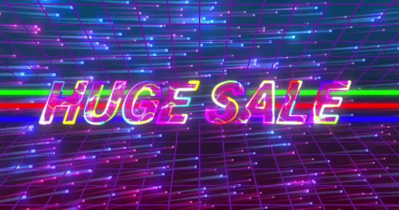 Testo neon arcobaleno 'GRANDE SALDI' tremolante e pulsante con scanline, avviato da AL, che annuncia saldi retrò.