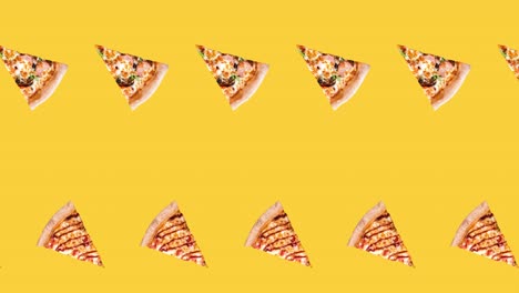 animación de bucle sin costuras con dos filas de rebanadas de pepperoni pizza entera en un fondo amarillo, concepto de comida rápida para publicidad con espacio de copia