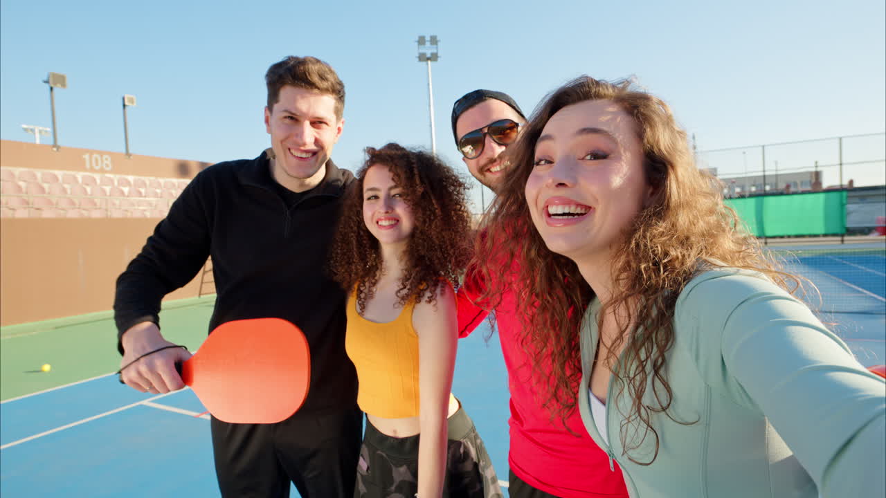 Two men and two women holding pickleball rackets smiling, taking a selfie video on a blue court