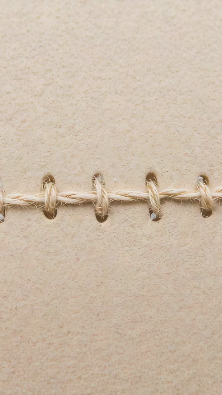 Vertical video: Shifting camera across off-white twine stitch on beige paper, showing punched holes